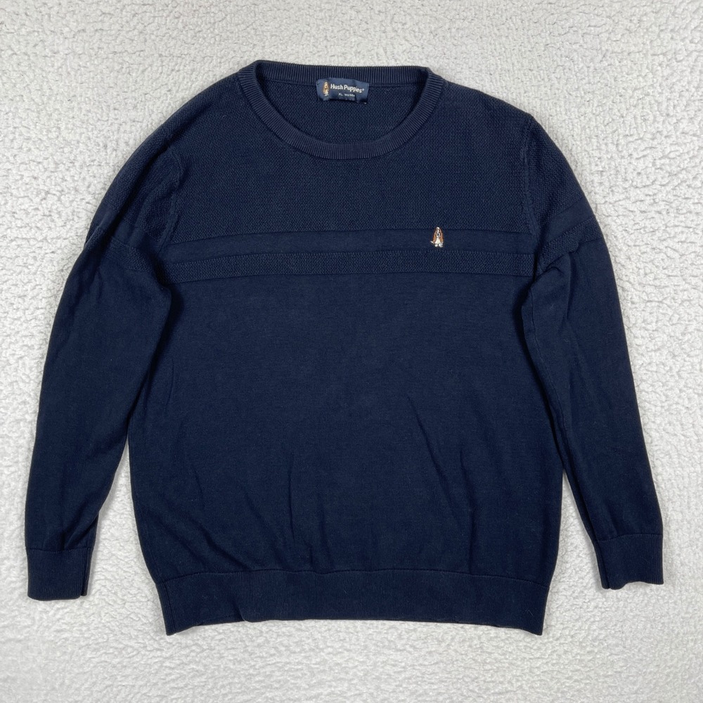 Hush Puppies Sweater Womens XL Navy Blue Textured Knit Logo Pullover Classic